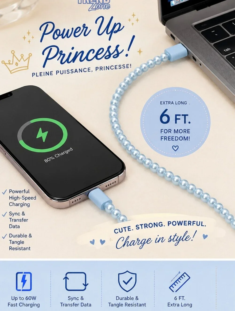 Pearl-Beaded USB-C Charging Cable - Light Blue